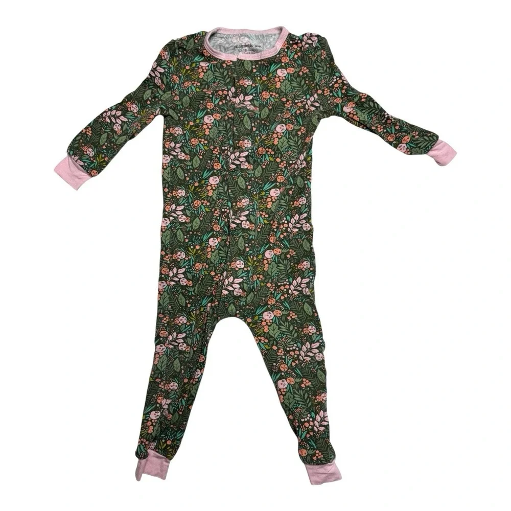 Girl's Magnetic Me Sleeper 12-18 Months Green Pink Trim Floral Print 22-27 Lbs